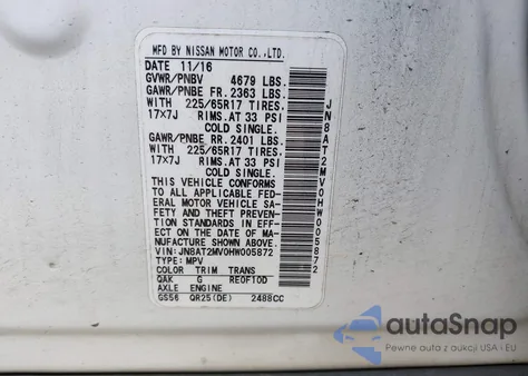 2017 Nissan Rogue S z USA, uszkodzony, nr VIN JN8AT2MV0HW005872